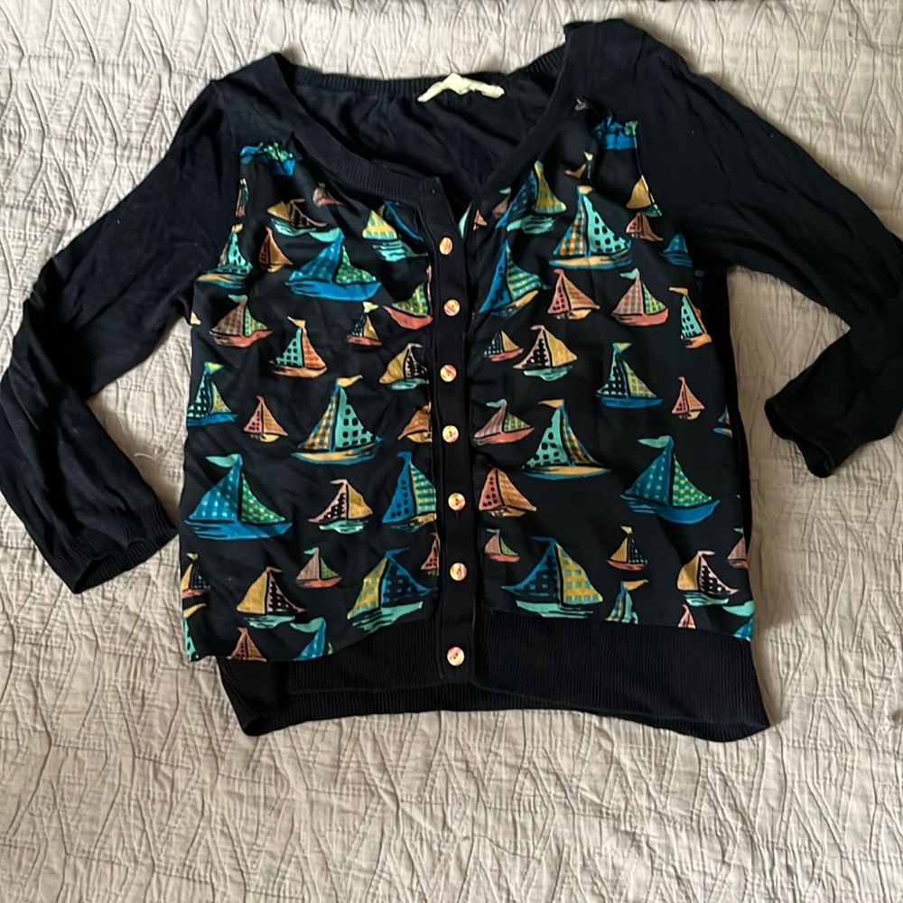 anthropologie navy cardigan with colorful boats on the front